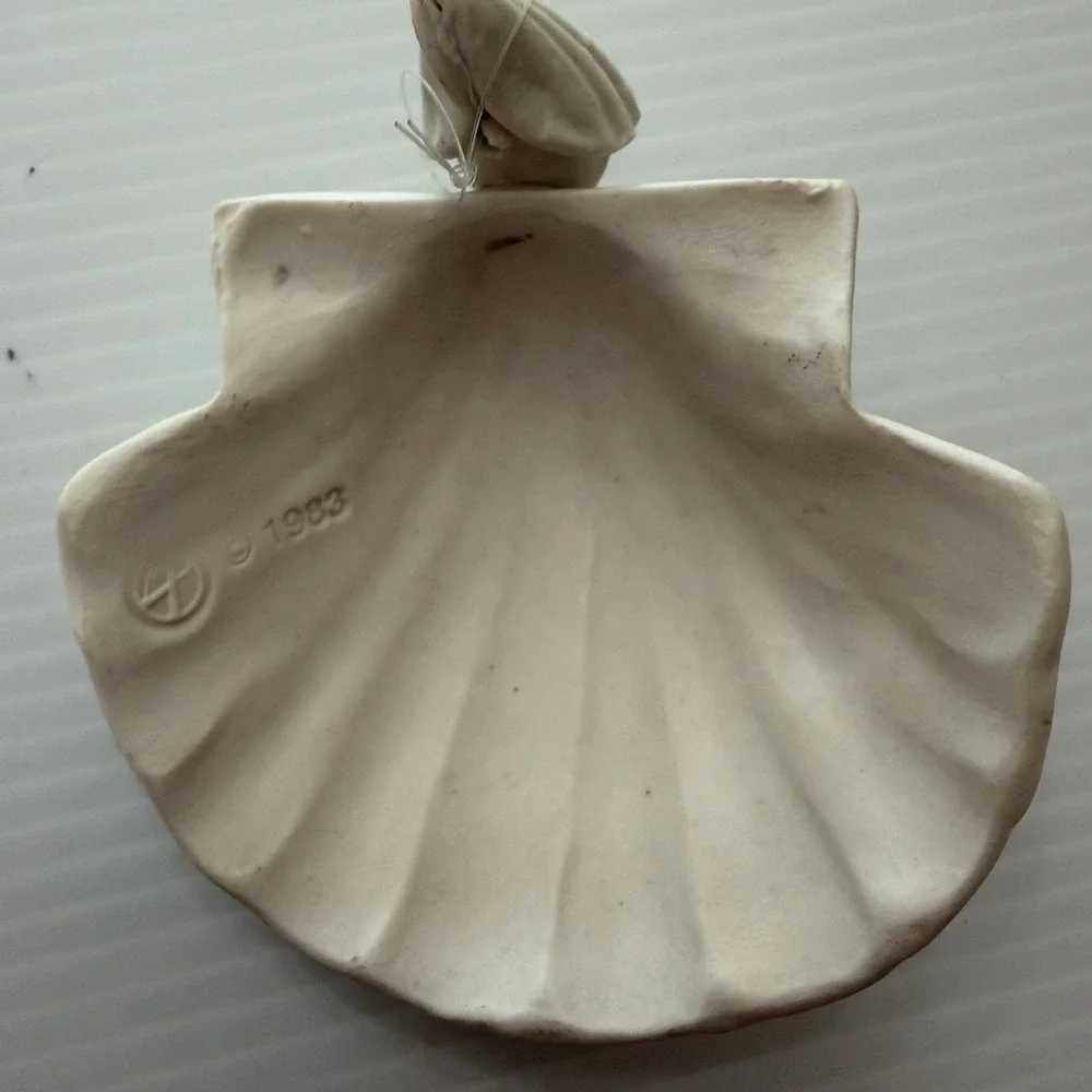 Vintage Margaret Furlong Bisque Ceramic Shell Angel Christmas Ornament Holly